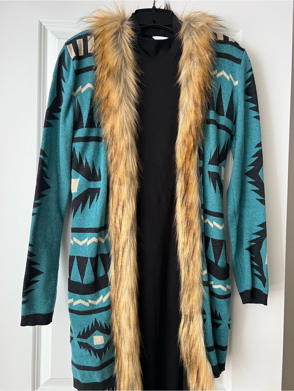 Tasha Polizzi Teal Aztec Cardigan with Faux Fur Trim